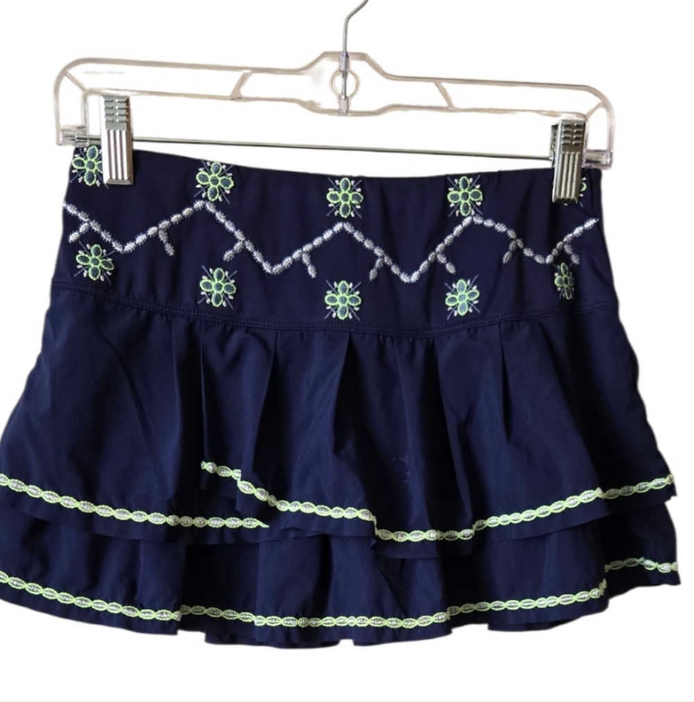 Lucky In Love Navy Blue Embroidered Pleated Tiered Athletic Mini Skirt, S XS #59 - Picture 4 of 7